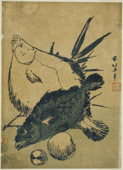 Platvis, schorpioenvis en schelpen, uit een ongetitelde serie chuban-prenten door Katsushika Hokusai