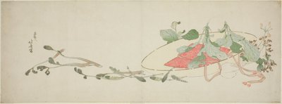 Bloemen en lentegroenten in een hoed door Katsushika Hokusai