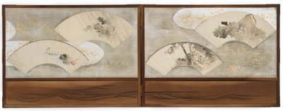 Vier waaierschilderijen gemonteerd op een scherm... door Katsushika Hokusai