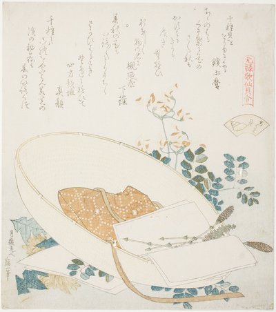 Vers geplukte bloemen in een reizigershoed, illustratie voor De duizend-grassen schelp (Chigusagai), uit de serie "Een spel met Genroku-periode gedichtenschelpen (Genroku kasen kai awase)" door Katsushika Hokusai