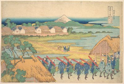 De Fuji gezien in de verte vanuit de uitgaanswijk Senju (Senju kagai yori chōbō no Fuji), uit de serie Zesendertig gezichten op de berg Fuji (Fugaku sanjūrokkei) door Katsushika Hokusai