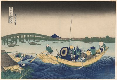 Fuji vanaf Ommayagashi met schemering over Ryogoku-brug (Ommayagashi yori ryogokubashi sekiyo o miru), uit de serie "Zesendertig uitzichten op de berg Fuji (Fugaku sanjurokkei)" door Katsushika Hokusai