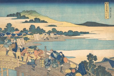 Fukui Brug in de Provincie Echizen Echizen Fukui no hashi, uit de serie Opmerkelijke Zichten..., 1827-30 door Katsushika Hokusai