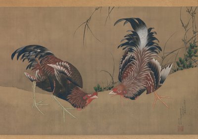 Vechtende hanen, gedateerd 1838 door Katsushika Hokusai