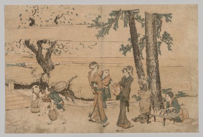 Groep figuren bij een beek door Katsushika Hokusai