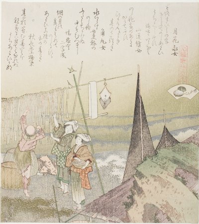 Hangen van abalone om te drogen, illustratie voor Abalone (Awabi), uit de serie "Een spel met gedichten uit de Genroku-periode (Genroku kasen kai awase)" door Katsushika Hokusai
