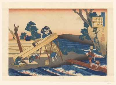 Houtzagerij in de bocht van een rivier door Katsushika Hokusai