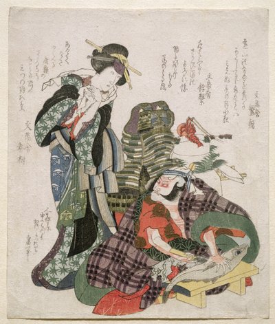 Ichikawa Danjuro en Ichikawa Monnosuke als Jagekiyo en Iwai Kumesaburo, 1824 door Katsushika Hokusai