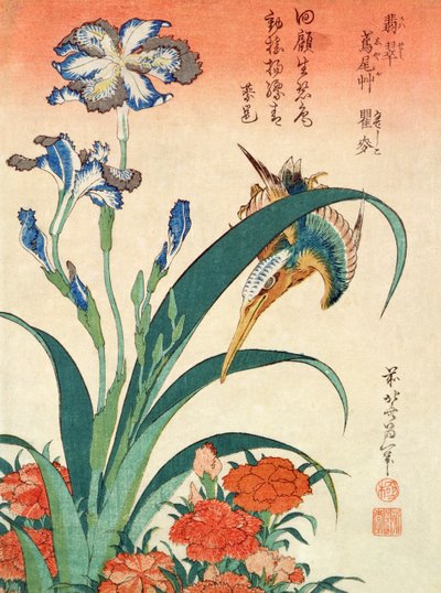 IJsvogel, Iris en Anjers, uitgegeven door Nishimura Eijudo, c.1832, een van een set van tien prints door Katsushika Hokusai