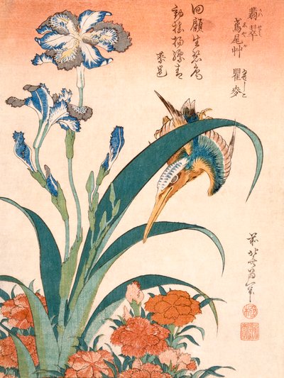IJsvogel, irissen en anjers, gepubliceerd ca 1834 door Katsushika Hokusai