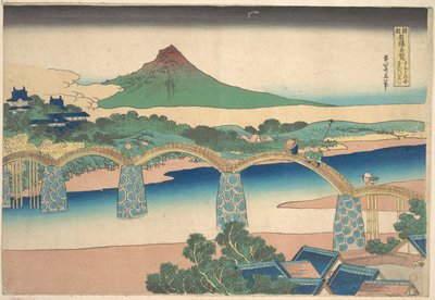 De Kintai-brug in de provincie Suō (Suō no kuni Kintaibashi), uit de serie „Opmerkelijke uitzichten op bruggen in diverse provincies“ (Shokoku meikyō kiran) door Katsushika Hokusai