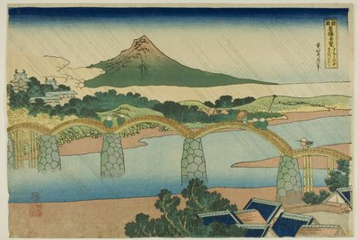 Kintai brug in de provincie Suo (Suo no kuni Kintaibashi), uit de serie "Ongebruikelijke uitzichten op beroemde bruggen in verschillende provincies (Shokoku meikyo kiran)". door Katsushika Hokusai