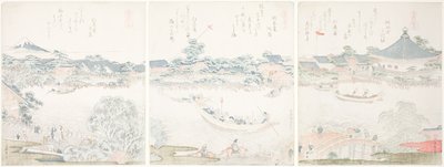 Komagata Hall en O-umaya Rivieroever, uit de serie "Een Selectie van Paarden (Uma zukushi)" door Katsushika Hokusai