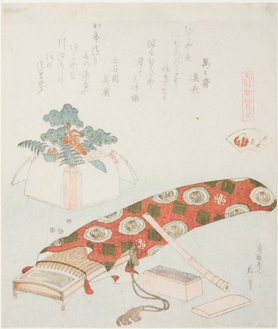 Koto en Nieuwjaarsaanbieding, illustratie voor The Akoya Beach Shell (Akoyagai), uit de serie "Een matching game met Genroku-periode gedichtenschelpen (Genroku kasen kai awase)" door Katsushika Hokusai