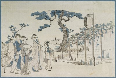 Dames die de Wisteria-tuinen in Kameido bezoeken door Katsushika Hokusai