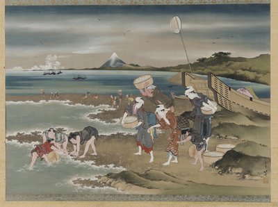 Landschap: mosselverzamelaars aan de kust (inkt & kleur op zijde) door Katsushika Hokusai