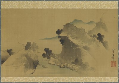 Landschap: bergen, stroom en boten, Edo-periode door Katsushika Hokusai
