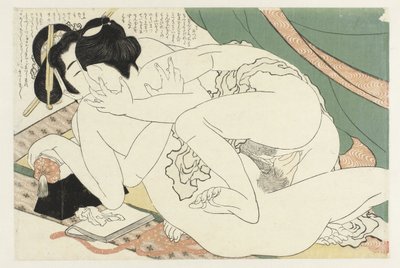 Liefdespaar bij muskietennet door Katsushika Hokusai
