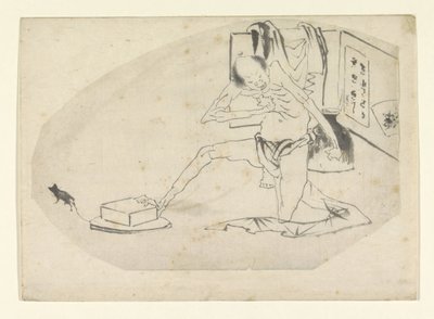 Man in lendendoek, een doos en een muis door Katsushika Hokusai