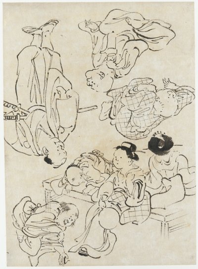 Diverse figuren: zomerplezier, figuren zittend op de veranda en (onder) Samurai, Edo-periode door Katsushika Hokusai