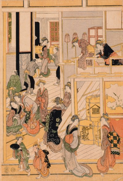 Nieuwjaarsdag in het theehuis Ogi-ya. c.1810 door Katsushika Hokusai