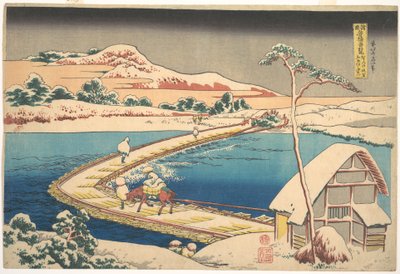 Oud aanzicht van de bootbrug bij Sano in de provincie Kōzuke (Kōzuke Sano funabashi no kozu), uit de serie „Opmerkelijke uitzichten op bruggen in diverse provincies“ (Shokoku meikyō kiran) door Katsushika Hokusai