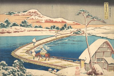 Oude Weergave van de Bootbrug bij Sano in de Provincie Kozuke, 1827-30 door Katsushika Hokusai