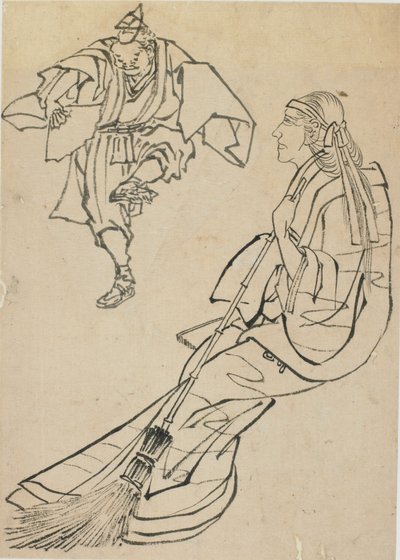 Oude vrouw zittend op een bank voor wie een man met een waaier danst, laat 18e-begin 19e eeuw door Katsushika Hokusai