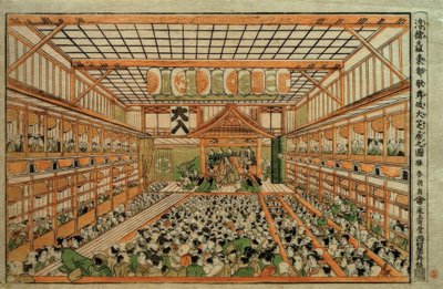 Origineel perspectiefbeeld van het Grote Kabuki-theater in Edo door Katsushika Hokusai