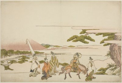 Parodie op de oostelijke reis van Ariwara no Narihira door Katsushika Hokusai