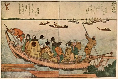 Passagiers op een boot die de Sumida-rivier in Japan oversteken door Katsushika Hokusai