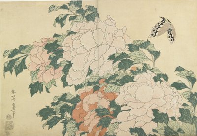 Pioenen en Vlinder, ca. 1830-1831 door Katsushika Hokusai