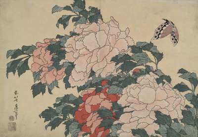 Pioenen en Vlinder, uit een ongetitelde serie genaamd Grote Bloemen door Katsushika Hokusai