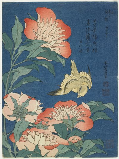 Pioenen en kanarie, ca. 1833 door Katsushika Hokusai