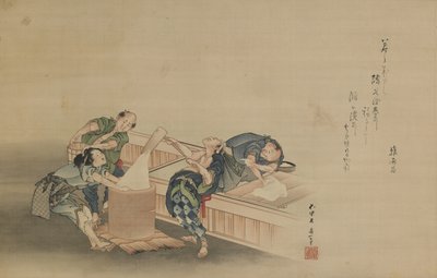 Rijst stampen voor Mochi, met inscriptie van Momomoto Hinamaro, Edo-periode, c.1822 door Katsushika Hokusai