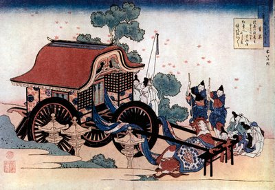 Trekken van een driewielige wagen, Japanse houtsnede, ca. 1780-1849 door Katsushika Hokusai