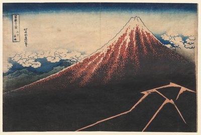 Regen onder de Berg uit de serie Zesendertig Zichten op de Berg Fuji, vroege jaren 1830 door Katsushika Hokusai
