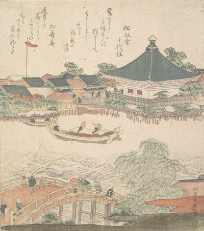 Rivierscène met brug op de voorgrond, ca. 1810 door Katsushika Hokusai