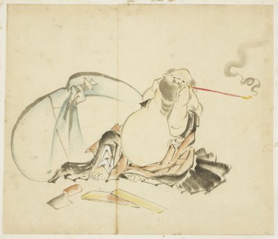 Zittende Hotei die een Pijp Rookt door Katsushika Hokusai