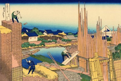 Serie van 36 uitzichten op de berg Fuji: de zagerij in Honjo, Japan door Katsushika Hokusai