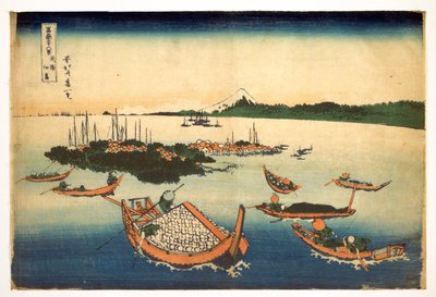 Serie van 36 gezichten op de berg Fuji: uitzicht op het eiland Tsukuda in de provincie Musashi, Japan door Katsushika Hokusai