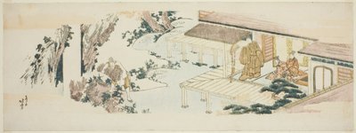 Dienaar gooit bundels takken in waterval door Katsushika Hokusai