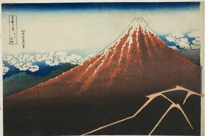 Regenbui onder de top (Sanka hakuu), uit de serie "Zesendertig gezichten op de berg Fuji (Fugaku sanjurokkei)" door Katsushika Hokusai