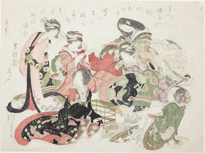 Zes vrouwen zittend rond een vogelkooi door Katsushika Hokusai