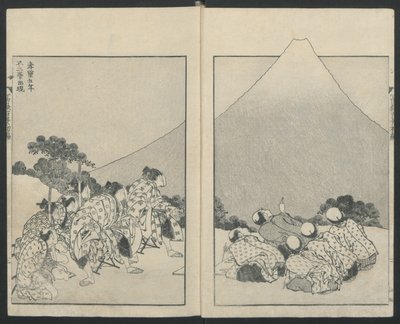 Links naar beneden glijden, De opening van Fuji rechts uit Honderd Zichten op de Fuji, 1834 door Katsushika Hokusai