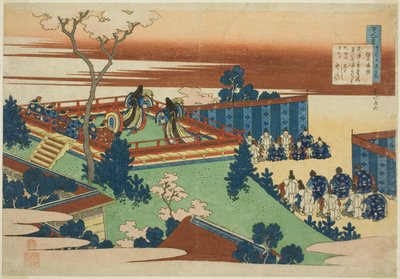 Sojo Henjo, twaalfde dichter in de serie Honderd gedichten door honderd dichters uitgelegd door de verpleegster door Katsushika Hokusai
