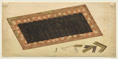 Stilleven van een lakpaneel met gedichten door Katsushika Hokusai