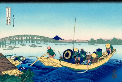 Zonsondergang over de Ryogoku-brug vanaf de oever van de Sumida-rivier bij Onmayagashi, 1830-1833 door Katsushika Hokusai
