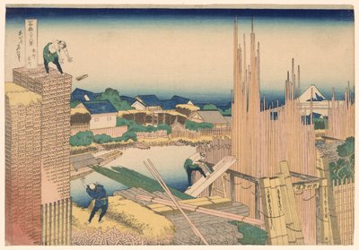 Tatekawa Rivier Houthandel bij Honjo (Honjo Tatekawa), uit de serie "Zesendertig Zichten op de Berg Fuji (Fugaku sanjurokkei)" door Katsushika Hokusai