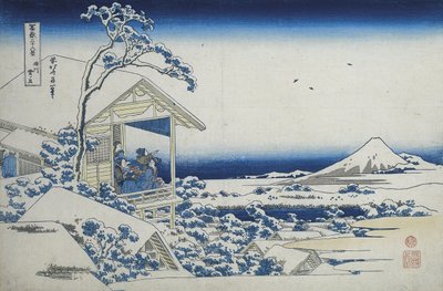 Theehuis in Koishikawa, de ochtend na een sneeuwval door Katsushika Hokusai